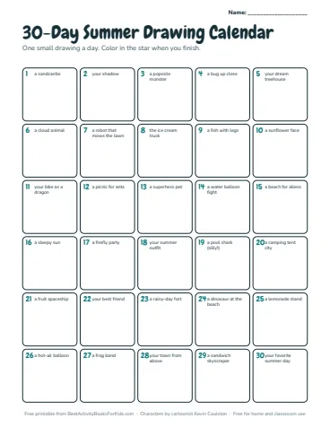 Preview of the 30-day summer drawing calendar printable